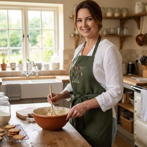 May include: A woman in a kitchen wearing a green apron with floral embroidery and the name "Lola". She is smiling and mixing ingredients in a brown bowl with a wooden spoon. Cookies are on a wire rack on a wooden table.