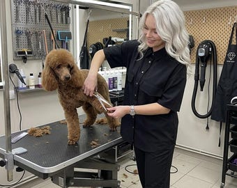 Personalized Unisex Dog Groomer Uniform Set, Grooming Workwear with Water Repellent Fabric, Hair Resistant Grooming Scrubs, Custom Uniform