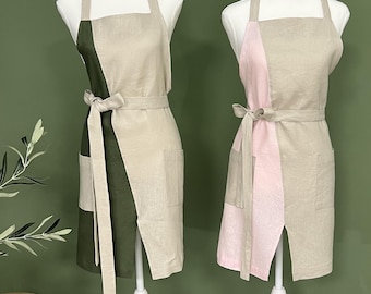 Two Tone Linen Apron, Personalized Cottagecore Kitchen, Embroidered Name Home, Minimalist Baking Apron with Pockets for Women