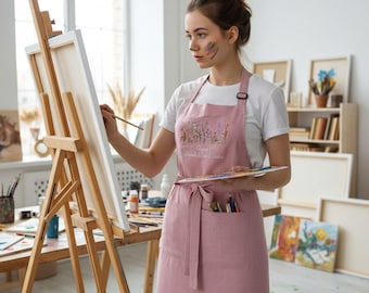 Simple Cotton Artist Apron, Minimalist Painting Apron with Pockets, Art Studio Work Apron, Custom Embroidered Apron for Artists