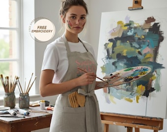 Pure linen working bib for artist, Floral apron with embroidered name, Aesthetic outfit for painter with pocket, Stunning gift for art maker