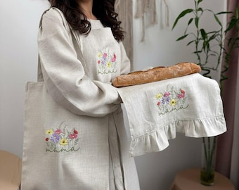 Personalized Linen Kitchen Set, Apron Tote Bag and Tea Towel Set, Housewarming Gift, Custom Embroidered Gift for Her, Linen Anniversary Gift