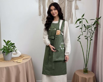 Linen Apron and Tote Bag Set, Cottagecore Apron, Personalized Apron with Custom Logo, Rustic Apron, Womens Apron with Floral Embroidery