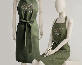 Personalized Linen Work Apron, Custom Logo Apron for Florists and Coffee Shops, Embroidered Apron