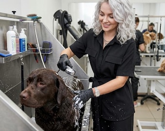 Custom Womens Dog Groomer Uniform Set, Stylish Pet Grooming Scrubs, Water Repellent Salon Groomer Outfit, Personalized Pet Stylists Workwear