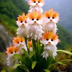 May include: A cluster of unique flowers with white, fluffy petals and orange and yellow accents. The flowers have small, dark eyes, giving them a whimsical appearance. Green leaves and a blurred mountain background complete the image.