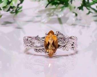 Silberring mit natürlichem Citrin – Vintage-Filigranring im Statement-Stil – Schmuck mit Marquise-Edelstein