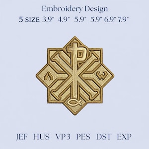 May include: Gold embroidery design with the text "Embroidery Design" and "5 SIZE 3.9" 4.9" 5.9" 5.9" 6.9" 7.9"". The design features a cross and other symbols. The file types are JEF HUS VP3 PES DST EXP.