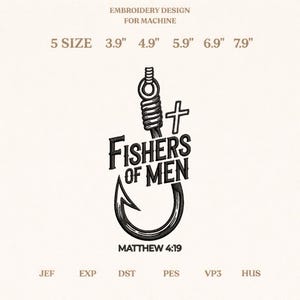May include: An embroidery design for machine use, featuring a stylized fish hook with the words "Fishers of Men" and a cross. The design includes size options from 3.9" to 7.9" and the text "Matthew 4:19".