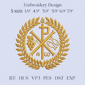 May include: Gold embroidery design featuring a religious symbol within a laurel wreath. The design includes a cross, fish, grapes, and the letters Alpha and Omega. The text at the top reads "Embroidery Design" and lists sizes from 3.9" to 7.9".