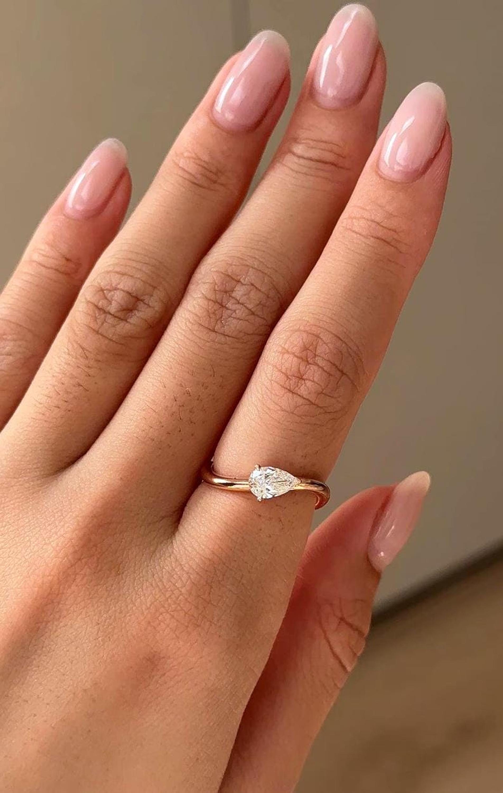 East West Pear Ring, 14k Yellow Gold Moissanite Solitaire, Minimalist…