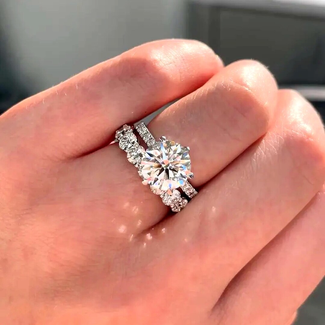Round Cut Moissanite Ring Set 14k White Gold Eternity Band Bridal Set ...