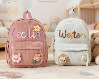 Zaino personalizzato in velluto a coste per bambini: nome e icona ricamati