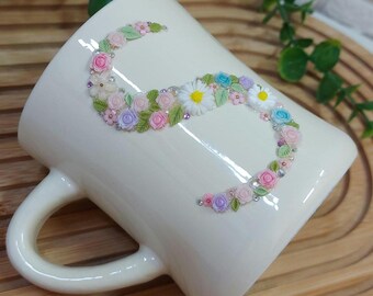 Custom Letter S Coffee Mug with Crystal Rhinestones and Floral Design Personalized Initial Mug Elegant Handmade Gift for Women