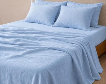 Linen 4 pcs Sheet Set in blue colour. 1 fitted sheet,1 flat sheet, 2 Pillowcase. 100%  flax linen bedding set. Queen king full  Custom Size