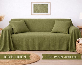 Pokrowiec na sofę z lnu w kolorze mchu w niestandardowym rozmiarze. Minimalistyczny pokrowiec na kanapę, miękki, prany len, ochraniacz na meble dostępny w niestandardowym rozmiarze.