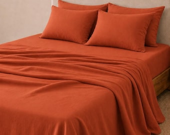 Linen 4 pcs Sheet Set in Rusty colour. 1 fitted sheet,1 flat sheet, 2 Pillowcase. 100%  flax linen bedding set. Queen king full  Custom Size