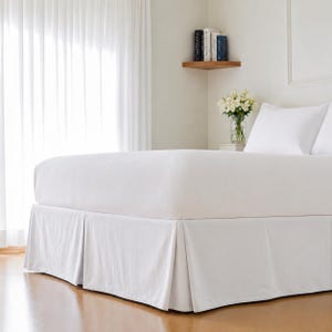 White Split Corner Bed Skirt Queen/King, Pleated Dust Ruffle, Wrinkle Free Elastic Bedskirt, 14 Inch Drop, Tailored Bedding, Custom Size.