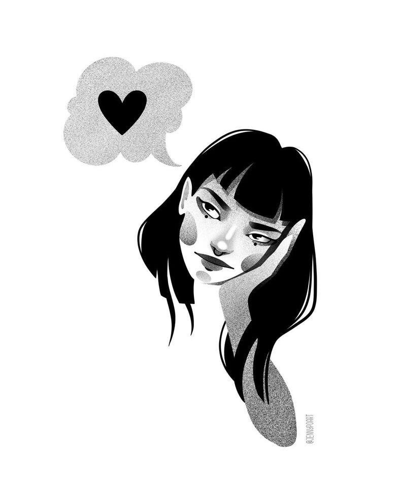 May include: Black and white illustration of a woman with black hair and a thought bubble containing a black heart. The woman is resting her head on her hand, with a slightly melancholic expression. The art style is minimalist.