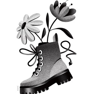 May include: Black and white illustration of a combat boot with a daisy and a stylized flower growing out of it. The boot has a thick sole, laces, and a loop at the top. The flowers have detailed petals and stems.