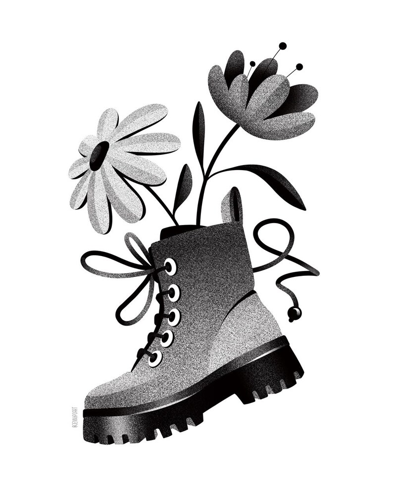 May include: Black and white illustration of a combat boot with a daisy and a stylized flower growing out of it. The boot has a thick sole, laces, and a loop at the top. The flowers have detailed petals and stems.