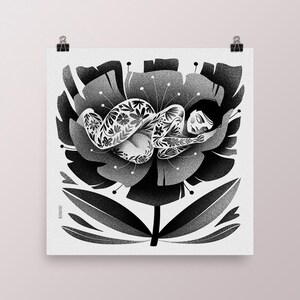 May include: Black and white illustration of a person with floral tattoos, curled up and sleeping inside a large flower. The artwork is a grayscale image with detailed shading and a minimalist style.
