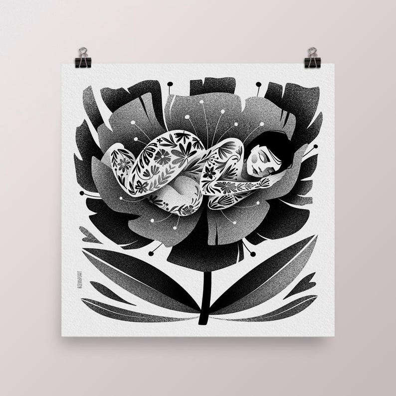 May include: Black and white illustration of a person with floral tattoos, curled up and sleeping inside a large flower. The artwork is a grayscale image with detailed shading and a minimalist style.