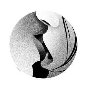 Puede incluir: Una impresi&oacute;n de arte digital en blanco y negro que presenta un dise&ntilde;o minimalista de dos perfiles en una composici&oacute;n circular. La obra de arte utiliza sombreado y textura para crear profundidad y contraste, con un enfoque en la interacci&oacute;n de la luz y la sombra.