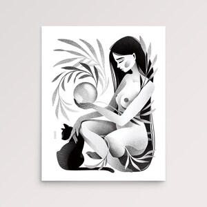 May include: Black and white illustration of a woman holding a sphere, with a black cat and foliage. The woman is nude, with long dark hair. The artwork has a minimalist style, with shading to create depth.