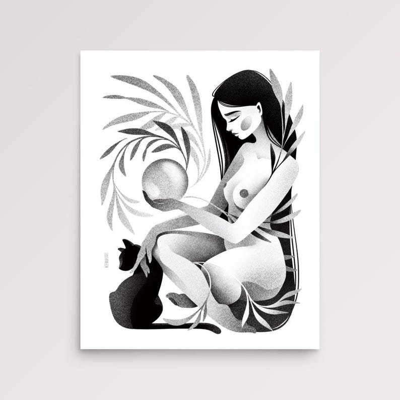 May include: Black and white illustration of a woman holding a sphere, with a black cat and foliage. The woman is nude, with long dark hair. The artwork has a minimalist style, with shading to create depth.