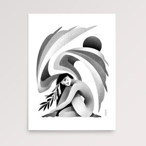 May include: Black and white art print featuring a seated figure with long dark hair, embracing their knees. A stylized, layered design arches above the figure, with a dark sun in the background. The figure holds a sprig of leaves.