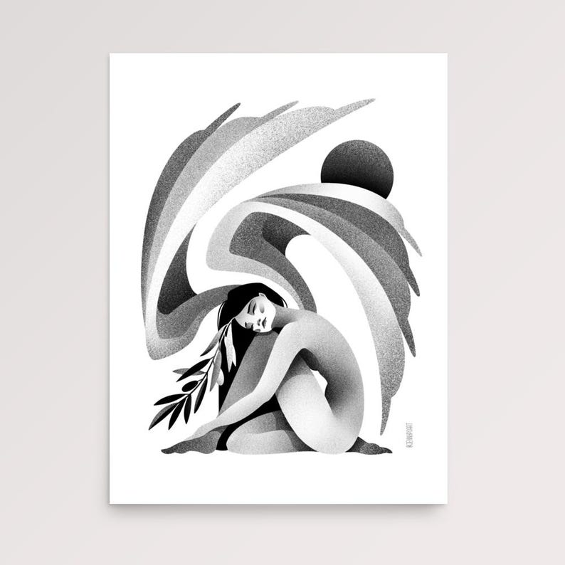 May include: Black and white art print featuring a seated figure with long dark hair, embracing their knees. A stylized, layered design arches above the figure, with a dark sun in the background. The figure holds a sprig of leaves.
