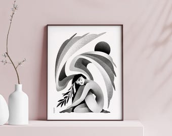 エンジェル - ウォールアートポスター / モダンプリント / 白黒イラスト入りホームデコレーション