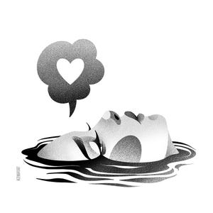K&ouml;nnte beinhalten: Schwarz-Wei&szlig;-Illustration eines Gesichts, das im Wasser treibt, mit einer Sprechblase mit Herz dar&uuml;ber. Das Kunstwerk hat einen strukturierten, k&ouml;rnigen Effekt, und das Wasser wird durch wellenf&ouml;rmige Linien dargestellt.