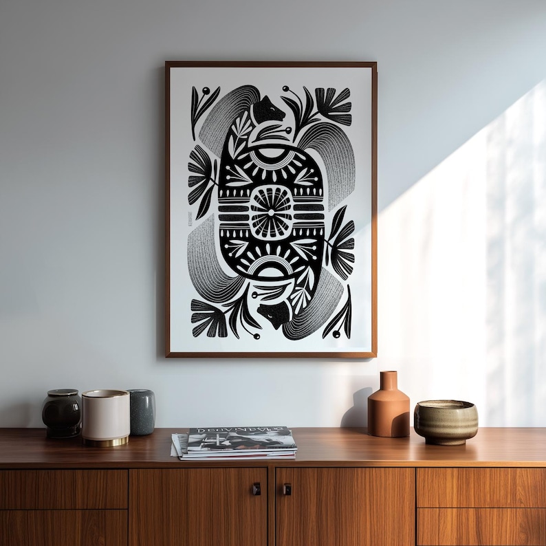 Year of the Horse - Floral Wall Art Poster / Botanical Print / Black and White Flora and Fauna Illustrated Home Décor image 2