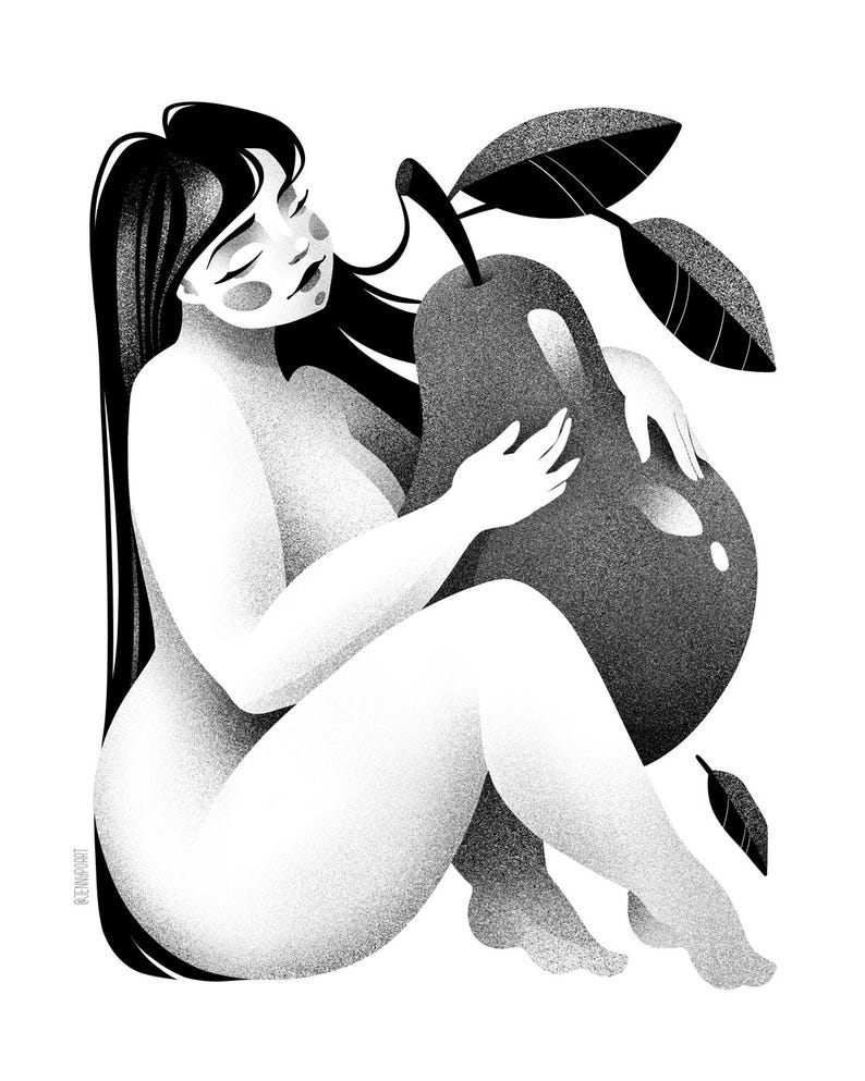 May include: Black and white illustration of a person embracing a large pear. The person has long black hair and is seated, cradling the fruit. The pear has leaves and a stem, with a smooth, shaded appearance.