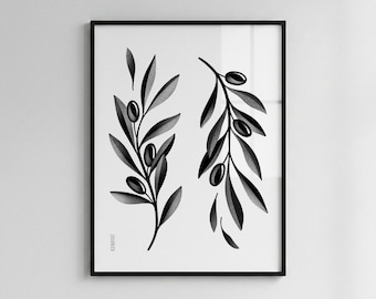 Olive Branches - Floral Wall Art Poster / Botanical Zen Print / Black and White Illustrated Home Décor