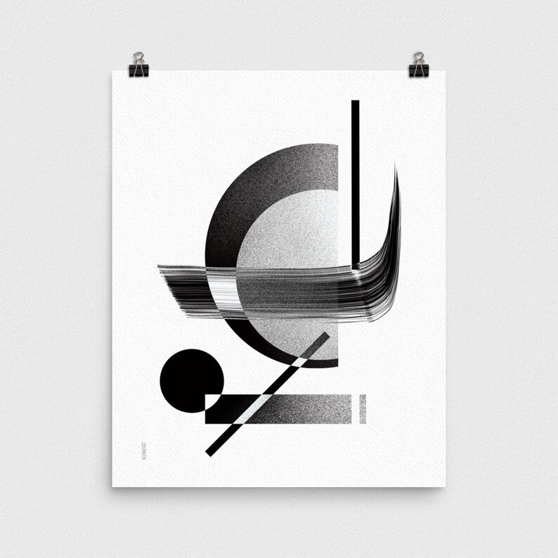 Peut inclure: Impression d'art abstrait en noir et blanc avec des formes g&eacute;om&eacute;triques. Un grand demi-cercle, une ligne verticale et un coup de pinceau incurv&eacute; sont mis en &eacute;vidence. Un petit cercle noir et une ligne diagonale compl&egrave;tent le design.