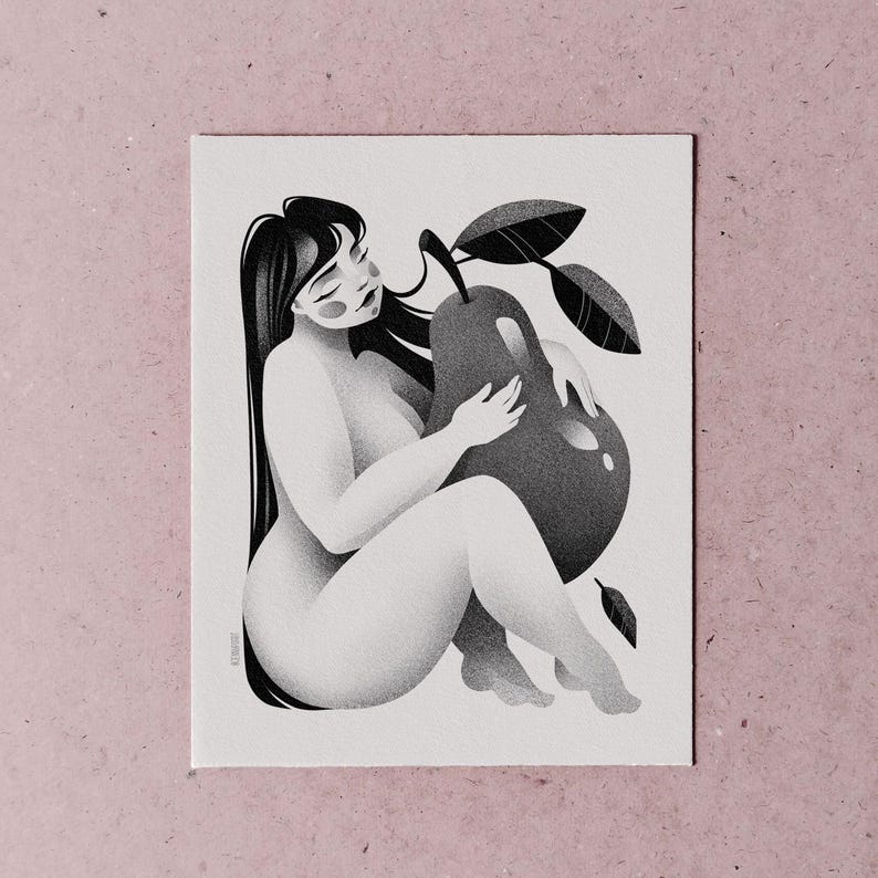 May include: Black and white illustration of a person embracing a large pear. The person has long black hair and is seated, holding the pear close. The pear has leaves and is shaded with a gradient effect.