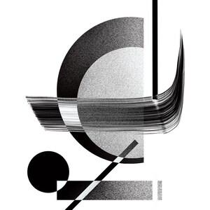 Peut inclure: Impression d'art g&eacute;om&eacute;trique abstrait en noir et blanc. L'&oelig;uvre pr&eacute;sente un demi-cercle, une ligne verticale noire, un cercle noir et une s&eacute;rie de coups de pinceau noirs. Le fond est blanc.