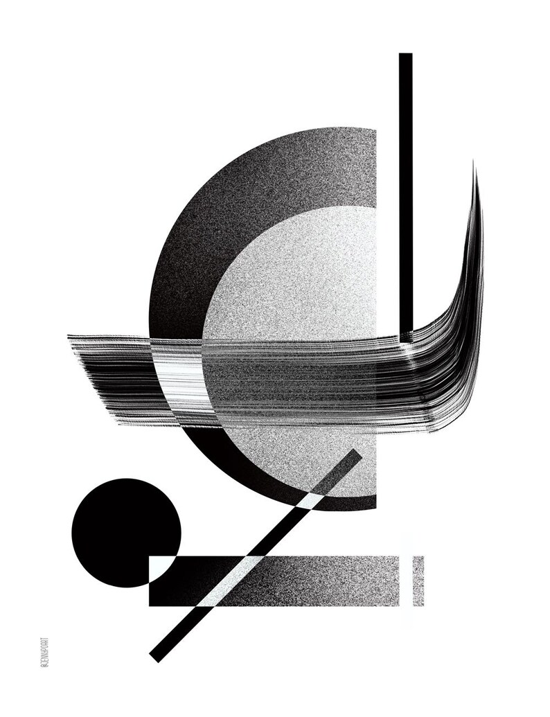 Peut inclure: Impression d'art g&eacute;om&eacute;trique abstrait en noir et blanc. L'&oelig;uvre pr&eacute;sente un demi-cercle, une ligne verticale noire, un cercle noir et une s&eacute;rie de coups de pinceau noirs. Le fond est blanc.