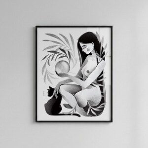 May include: Black and white art print in a black frame. The illustration depicts a seated figure holding a sphere, with a black cat at their side. Botanical elements surround the figure. The artwork is a grayscale illustration.