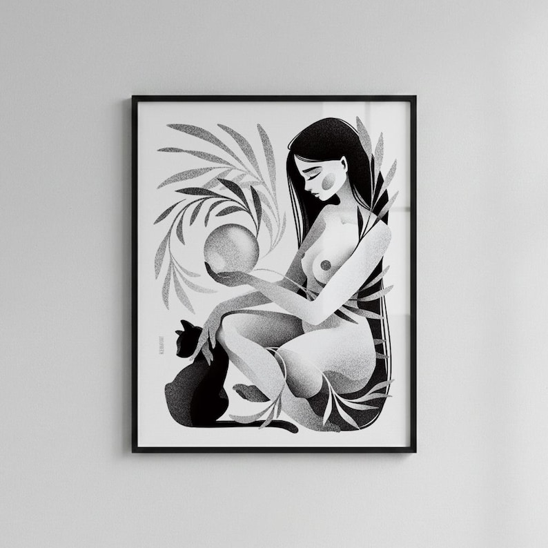 May include: Black and white art print in a black frame. The illustration depicts a seated figure holding a sphere, with a black cat at their side. Botanical elements surround the figure. The artwork is a grayscale illustration.
