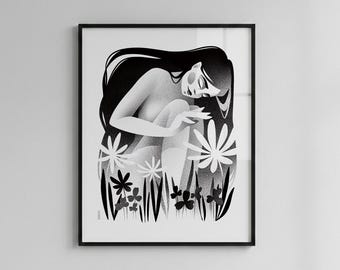 セレニティ - ウォールアートポスター / モダン禅プリント / 白黒イラスト入りホームデコレーション