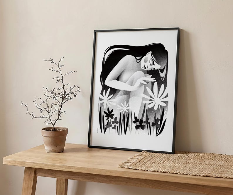 セレニティ - ウォールアートポスター / モダン禅プリント / 白黒イラスト入りホームデコレーション 画像 2