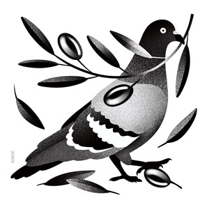 May include: A monochrome illustration of a pigeon with an olive branch. The bird is depicted with olives and leaves, set against a white background. The artwork has a textured, grainy appearance, with a minimalist style.