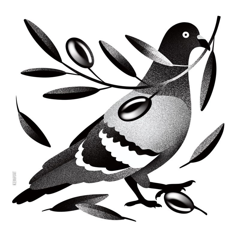 May include: A monochrome illustration of a pigeon with an olive branch. The bird is depicted with olives and leaves, set against a white background. The artwork has a textured, grainy appearance, with a minimalist style.
