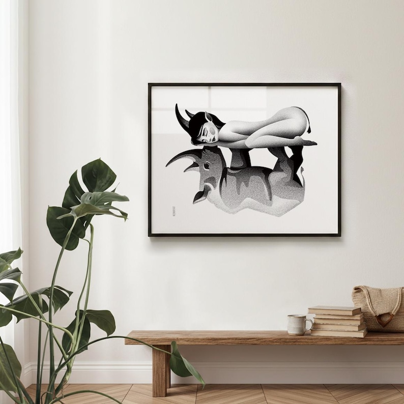 Nosorożec – plakat ścienny / nowoczesny wydruk zen / czarno-biały ilustrowany wystrój domu zdjęcie 2