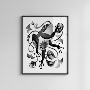 May include: Framed monochrome art print depicting a frog with a floral motif, surrounded by decorative leaves and swirls. The artwork has a whimsical, illustrative style. The frame is black. The print is suitable for a living room or bedroom.