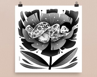 Poppy Dreams - Floral tattooed woman Wall Art Poster / Botanical Zen Print / Black and White Illustration - file for print